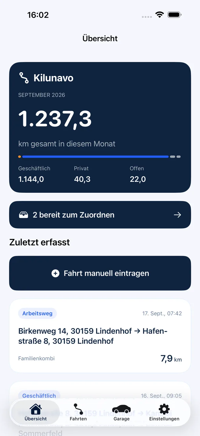 Kilunavo-Übersicht mit der Monatsdistanz, aufgeteilt in geschäftliche, private und offene Fahrten