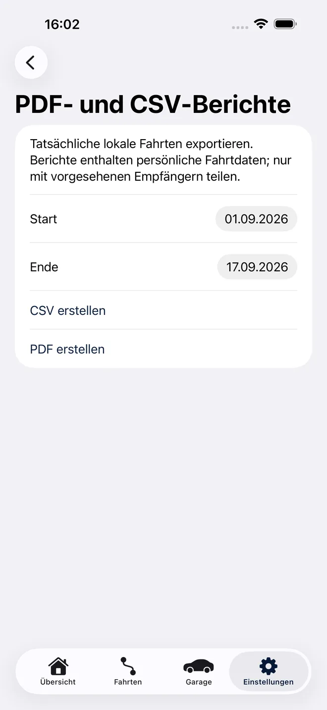 Kilunavo-Berichtsbildschirm mit Zeitraum und Schaltflächen zum Erstellen von CSV und PDF