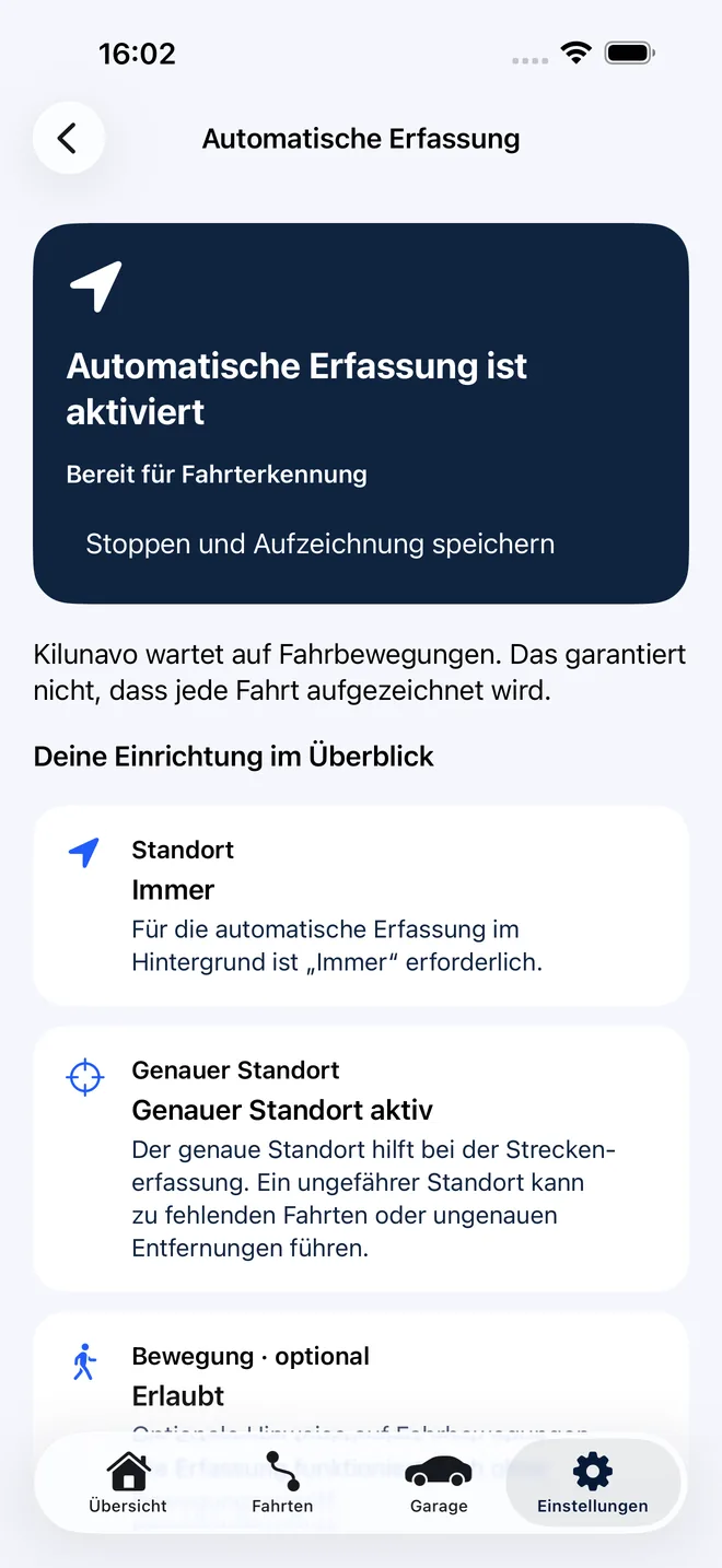 Kilunavo-Bildschirm zur automatischen Erfassung mit aktivierter Erfassung und Berechtigungsstatus