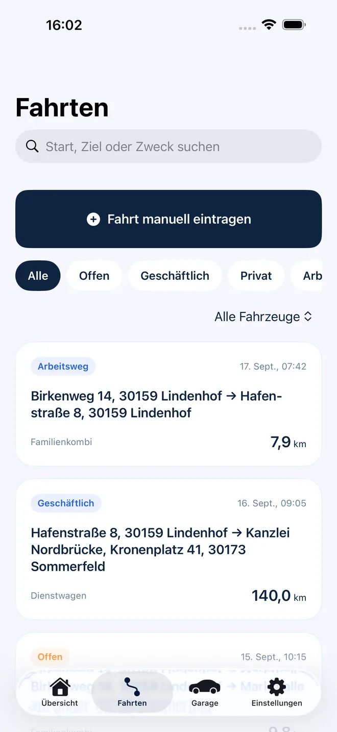 Kilunavo-Fahrtenliste mit Suche, Zuordnungsfiltern und Fahrtkarten