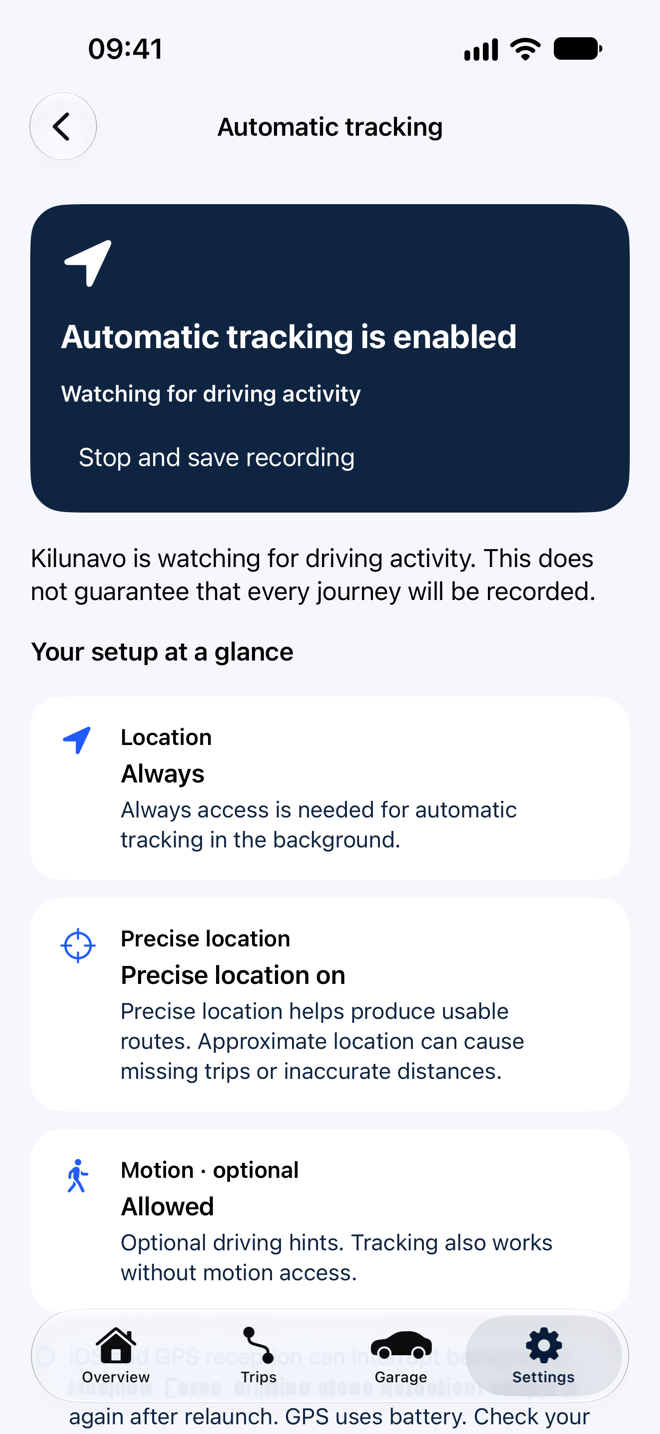 Kilunavo automatic tracking screen showing enabled tracking and permission status